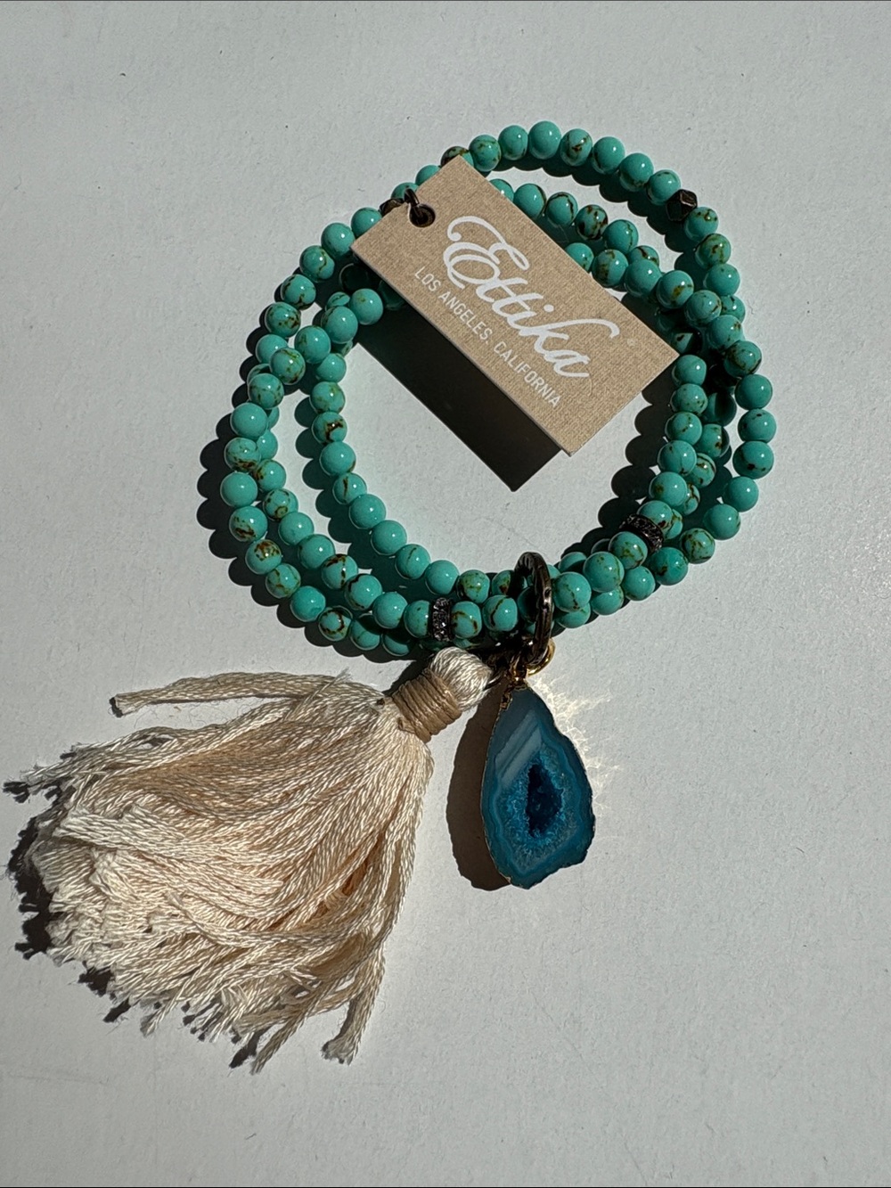ettika Turquoise Beaded Bracelet with Cream Tassel & Blue Agate Charm NWT
